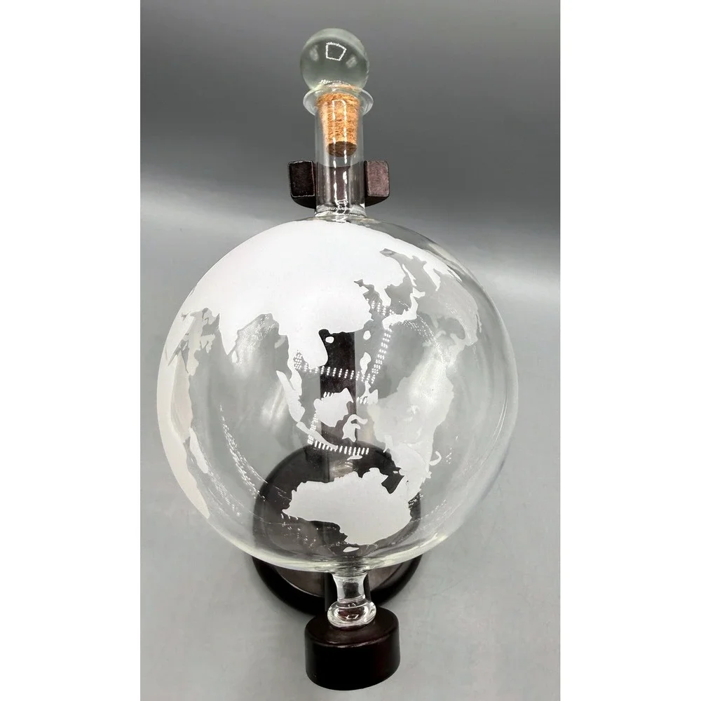 Etched Glass Rotating Globe Whiskey Decanter with Wooden Stand 850ml Barware